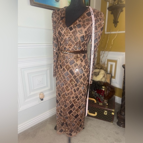 Brown Geo Embellished Midi Sheath Dress - Picture 14 of 15